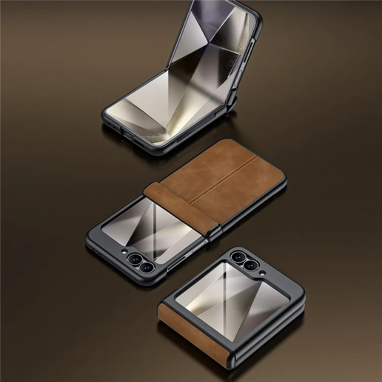 For Samsung Galaxy Z Flip7 FE 5G / Z Flip6 5G Case Hinge Leather+PC Phone Cover with Rear Screen Film - Brown