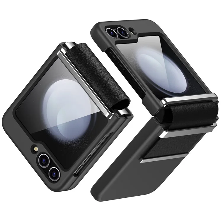 Para Samsung Galaxy Z Flip5 5G PC Case Hardware Leather Hinge Phone Cover - Preto+Prata