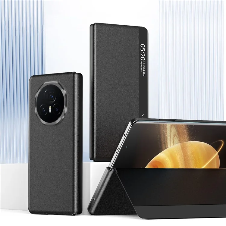 Pour Honor Magic V3 5G Case View Window PU Leather Phone Cover with Stylus - Black