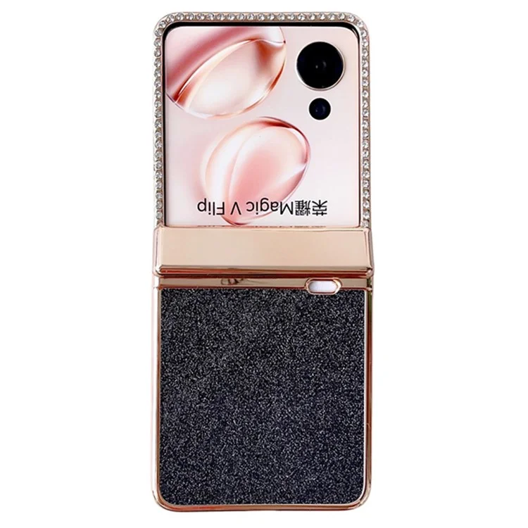 Case Flip 5G For Honor Magic V Hinge Protection Rhinestone Glitter PC Phone Cover - Preto