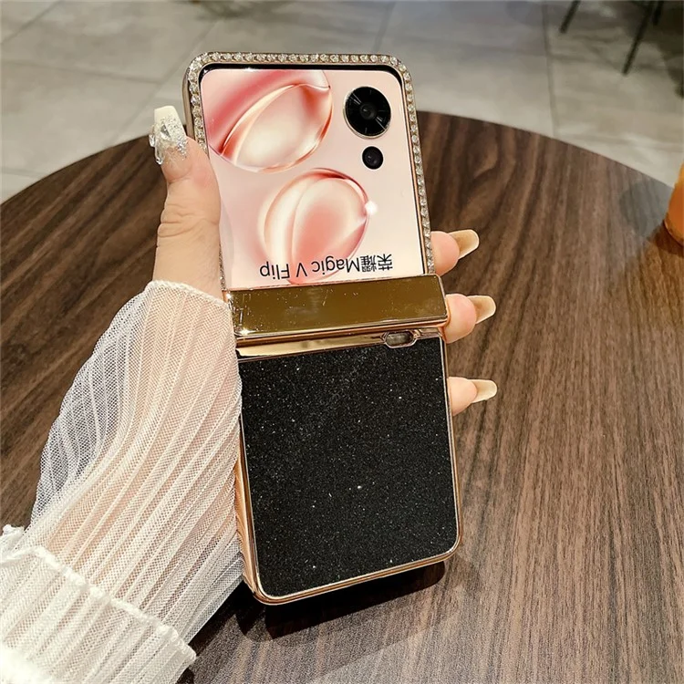 Case Flip 5G For Honor Magic V Hinge Protection Rhinestone Glitter PC Phone Cover - Preto