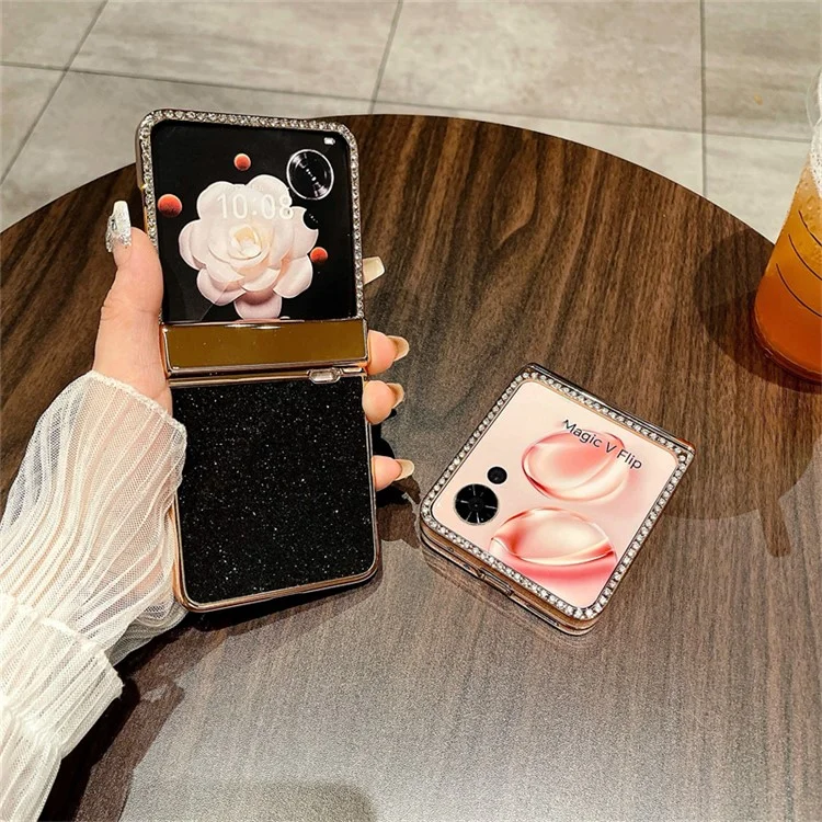Case Flip 5G For Honor Magic V Hinge Protection Rhinestone Glitter PC Phone Cover - Preto