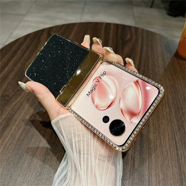 Case Flip 5G For Honor Magic V Hinge Protection Rhinestone Glitter PC Phone Cover - Preto