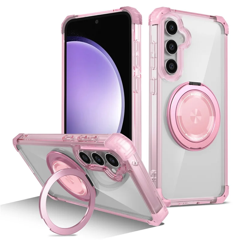 For Samsung Galaxy S23 FE Magnetic Case Invisible Ring Holder PC+TPU Phone Cover - Transparent Pink