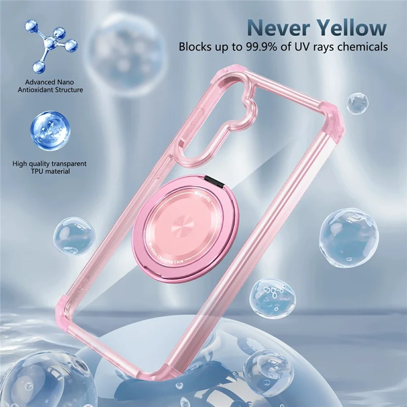 For Samsung Galaxy S23 FE Magnetic Case Invisible Ring Holder PC+TPU Phone Cover - Transparent Pink