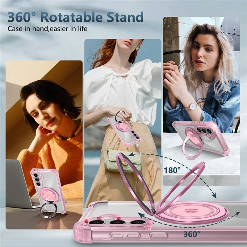 For Samsung Galaxy S23 FE Magnetic Case Invisible Ring Holder PC+TPU Phone Cover - Transparent Pink