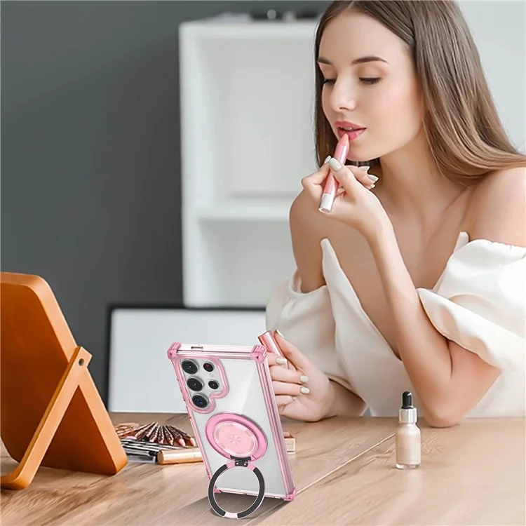 Para Samsung Galaxy S24 Ultra Case Compatível com MagSafe PC+TPU Capa de Telefone Rotativa Kickstand - Transparente Rosa