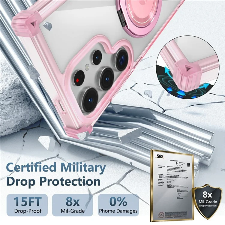 Para Samsung Galaxy S24 Ultra Case Compatível com MagSafe PC+TPU Capa de Telefone Rotativa Kickstand - Transparente Rosa