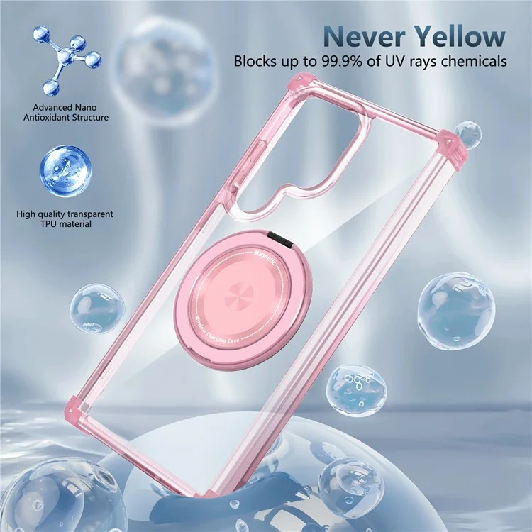 Para Samsung Galaxy S24 Ultra Case Compatível com MagSafe PC+TPU Capa de Telefone Rotativa Kickstand - Transparente Rosa
