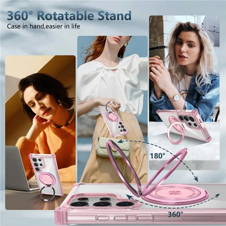 Para Samsung Galaxy S24 Ultra Case Compatível com MagSafe PC+TPU Capa de Telefone Rotativa Kickstand - Transparente Rosa
