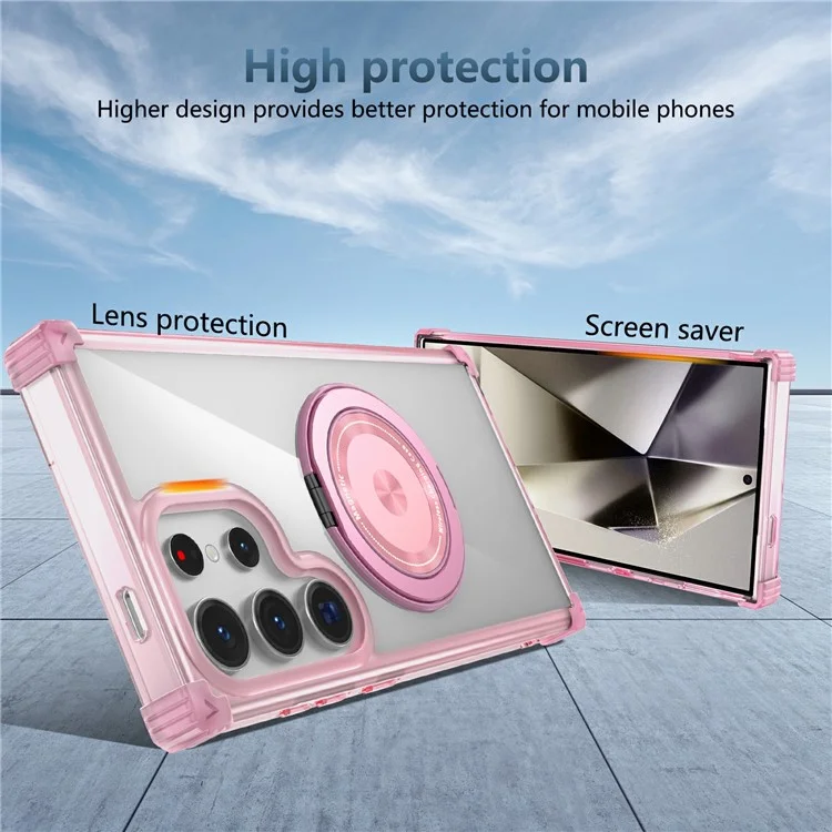 Para Samsung Galaxy S24 Ultra Case Compatível com MagSafe PC+TPU Capa de Telefone Rotativa Kickstand - Transparente Rosa