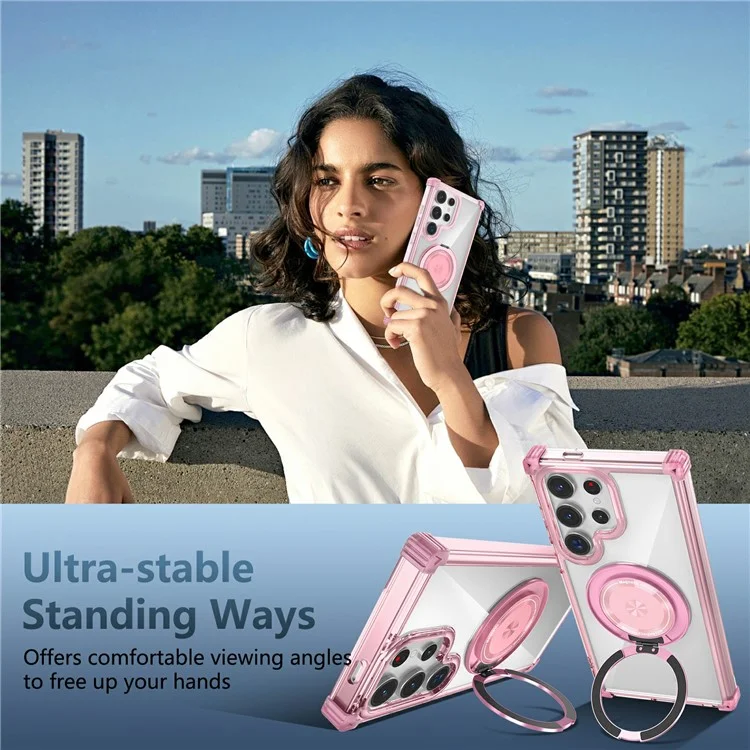 Para Samsung Galaxy S24 Ultra Case Compatível com MagSafe PC+TPU Capa de Telefone Rotativa Kickstand - Transparente Rosa