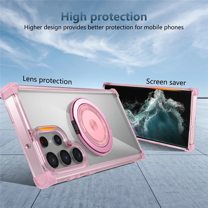 Per Samsung Galaxy S22 Ultra 5G Case Rotatable Magnetic Kickstand PC+TPU Phone Cover - Trasparente Rosa