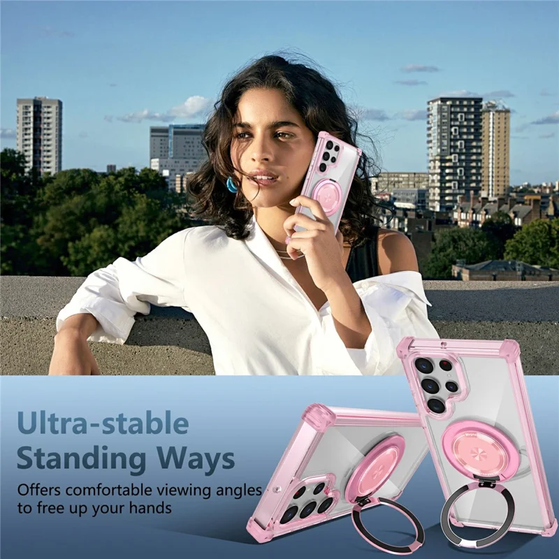 Per Samsung Galaxy S22 Ultra 5G Case Rotatable Magnetic Kickstand PC+TPU Phone Cover - Trasparente Rosa