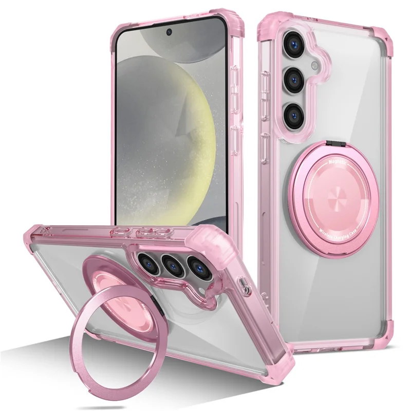 For Samsung Galaxy S24+ Magnetic Case Ring Holder PC+TPU Military Grade Protective Phone Cover - Transparent Pink