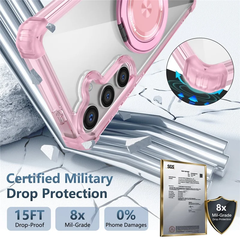 For Samsung Galaxy S24+ Magnetic Case Ring Holder PC+TPU Military Grade Protective Phone Cover - Transparent Pink