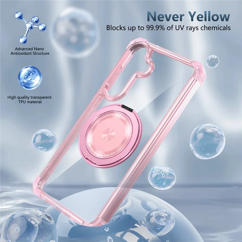 For Samsung Galaxy S24+ Magnetic Case Ring Holder PC+TPU Military Grade Protective Phone Cover - Transparent Pink