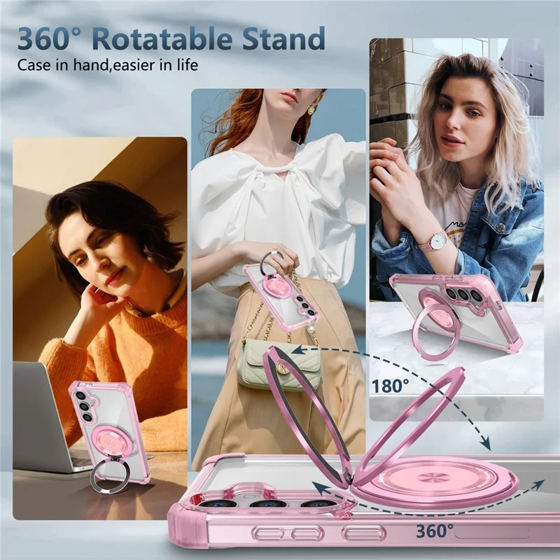 For Samsung Galaxy S24+ Magnetic Case Ring Holder PC+TPU Military Grade Protective Phone Cover - Transparent Pink