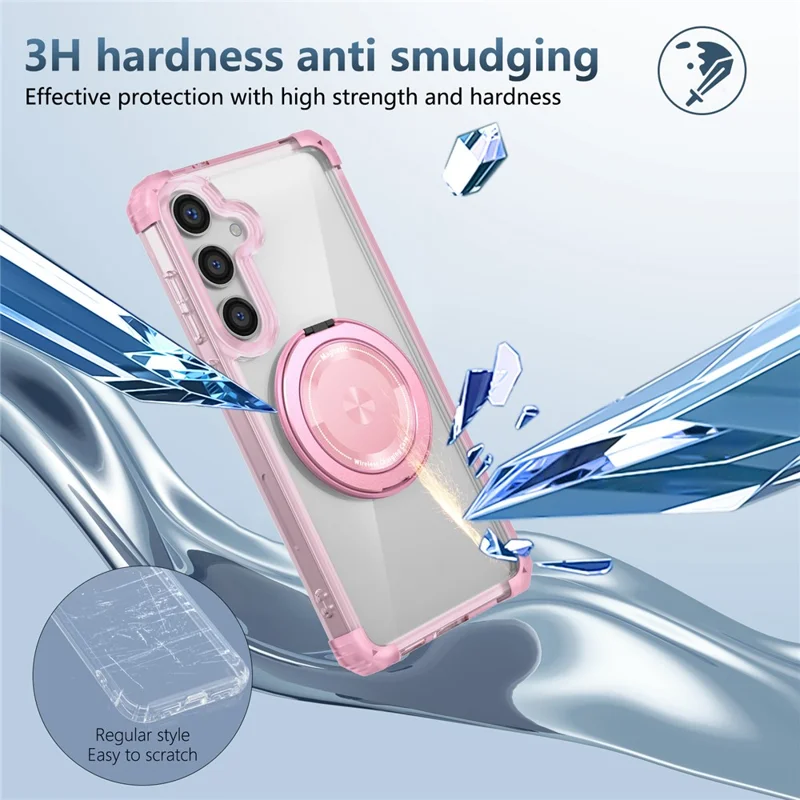 For Samsung Galaxy S24+ Magnetic Case Ring Holder PC+TPU Military Grade Protective Phone Cover - Transparent Pink