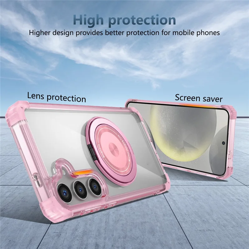 For Samsung Galaxy S24+ Magnetic Case Ring Holder PC+TPU Military Grade Protective Phone Cover - Transparent Pink