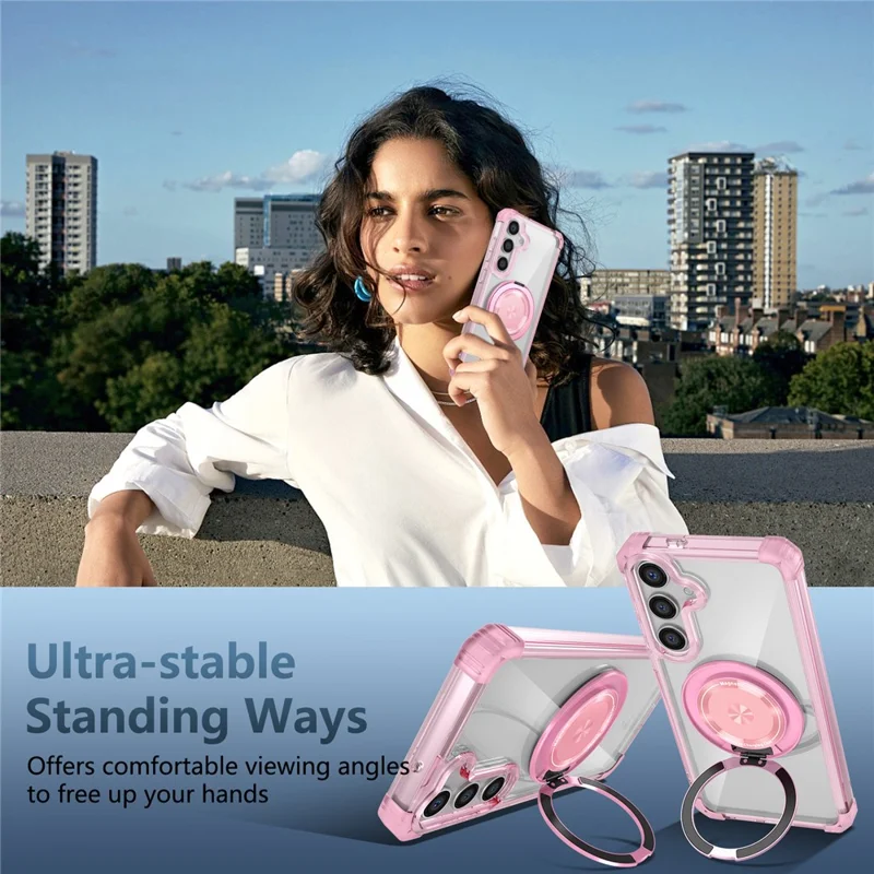For Samsung Galaxy S24+ Magnetic Case Ring Holder PC+TPU Military Grade Protective Phone Cover - Transparent Pink