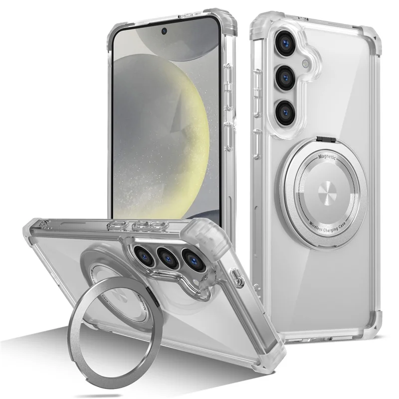For Samsung Galaxy S24+ Magnetic Case Ring Holder PC+TPU Military Grade Protective Phone Cover - Transparent
