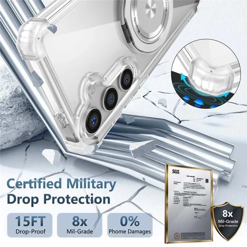 For Samsung Galaxy S24+ Magnetic Case Ring Holder PC+TPU Military Grade Protective Phone Cover - Transparent