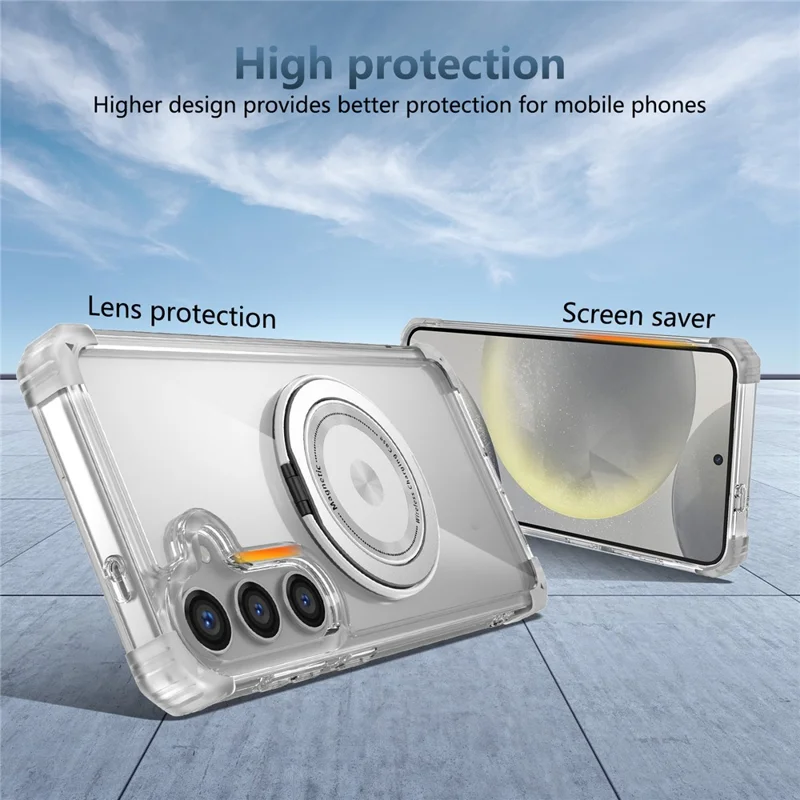 For Samsung Galaxy S24+ Magnetic Case Ring Holder PC+TPU Military Grade Protective Phone Cover - Transparent