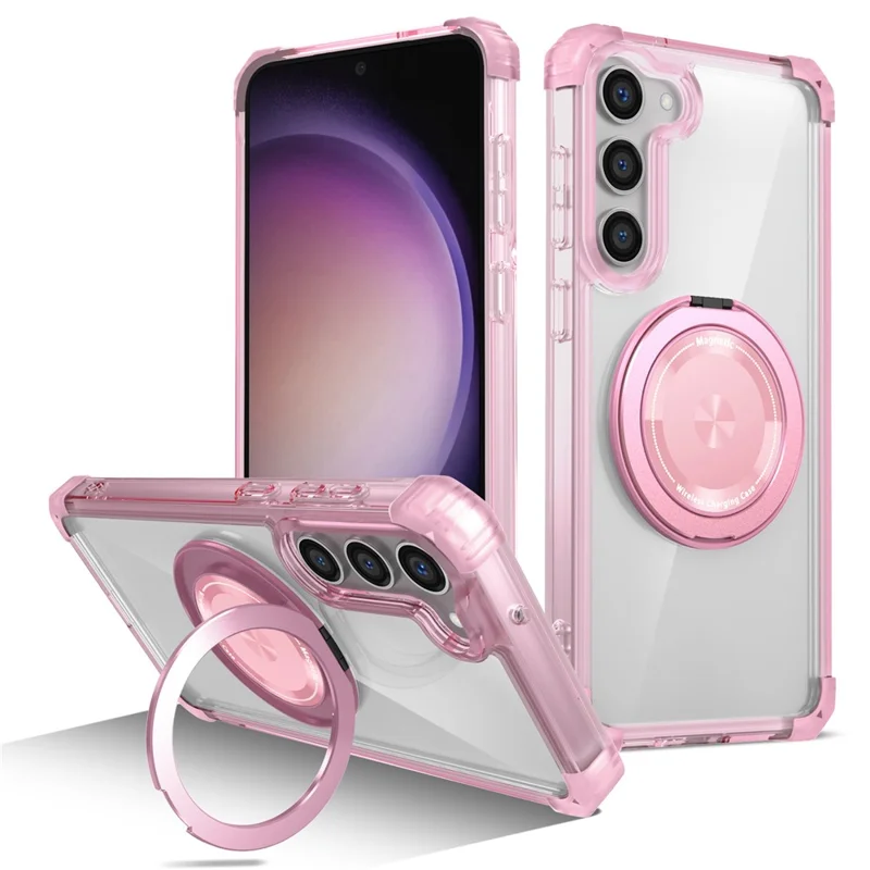 For Samsung Galaxy S23+ Case Magnetic Case Ring Holder PC+TPU Phone Cover - Transparent Pink