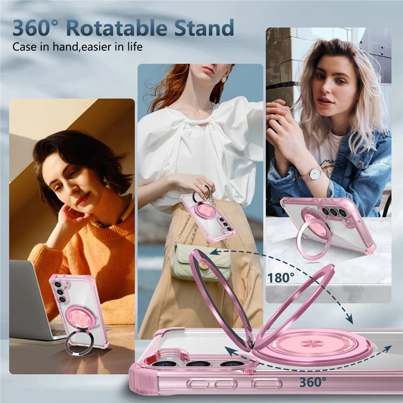 For Samsung Galaxy S23+ Case Magnetic Case Ring Holder PC+TPU Phone Cover - Transparent Pink