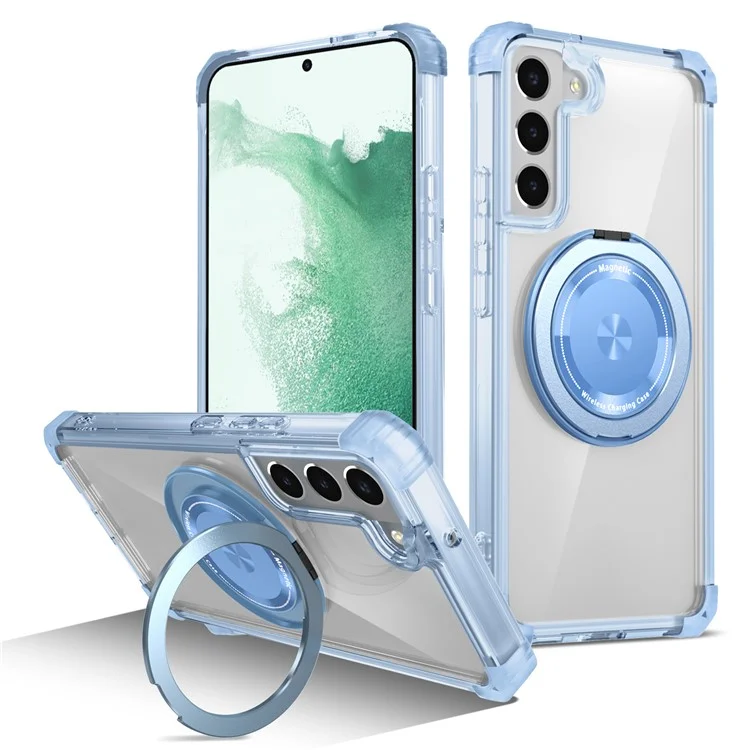 Para Samsung Galaxy S22+ 5G Case PC+TPU Phone Cover Magnetic Ring Holder Kickstand - Transparent Blue