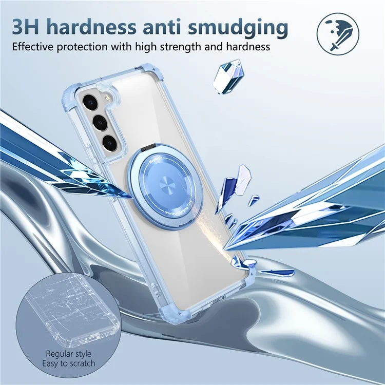 Para Samsung Galaxy S22+ 5G Case PC+TPU Phone Cover Magnetic Ring Holder Kickstand - Transparent Blue