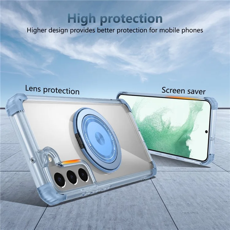 Para Samsung Galaxy S22+ 5G Case PC+TPU Phone Cover Magnetic Ring Holder Kickstand - Transparent Blue