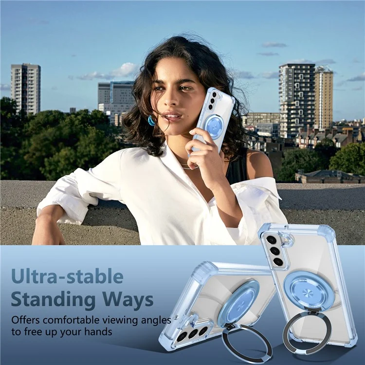 Para Samsung Galaxy S22+ 5G Case PC+TPU Phone Cover Magnetic Ring Holder Kickstand - Transparent Blue