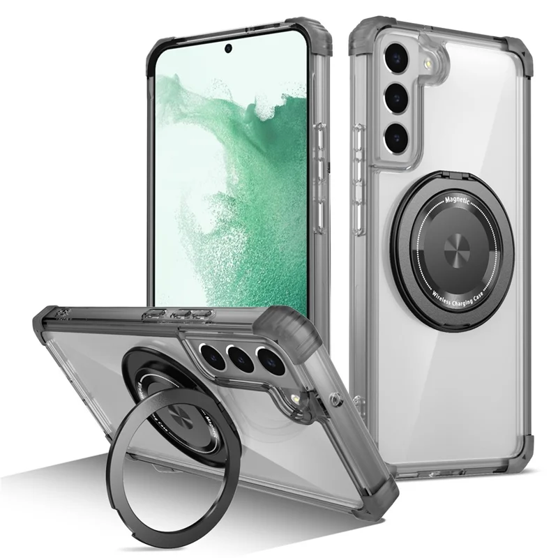 Für Samsung Galaxy S22 5G Magnetisches Gehäuse Rotierbare Halterung PC+TPU Stoßfestes Telefongehäuse - Transparentes Schwarz