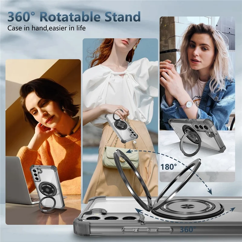 Für Samsung Galaxy S22 5G Magnetisches Gehäuse Rotierbare Halterung PC+TPU Stoßfestes Telefongehäuse - Transparentes Schwarz