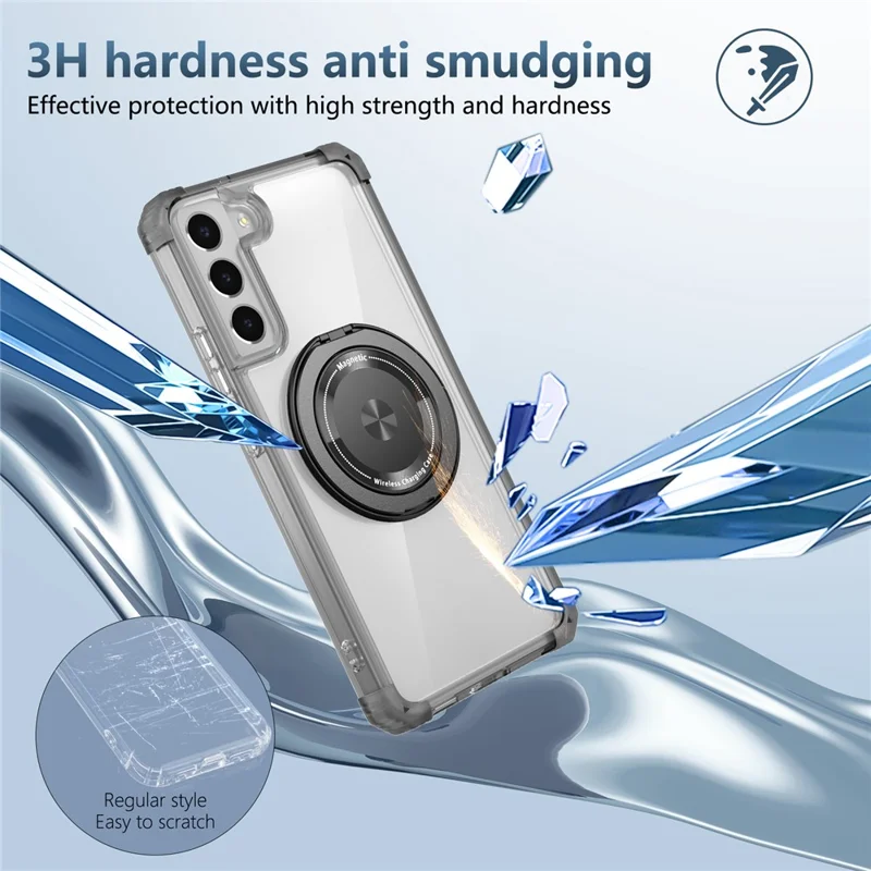 Für Samsung Galaxy S22 5G Magnetisches Gehäuse Rotierbare Halterung PC+TPU Stoßfestes Telefongehäuse - Transparentes Schwarz