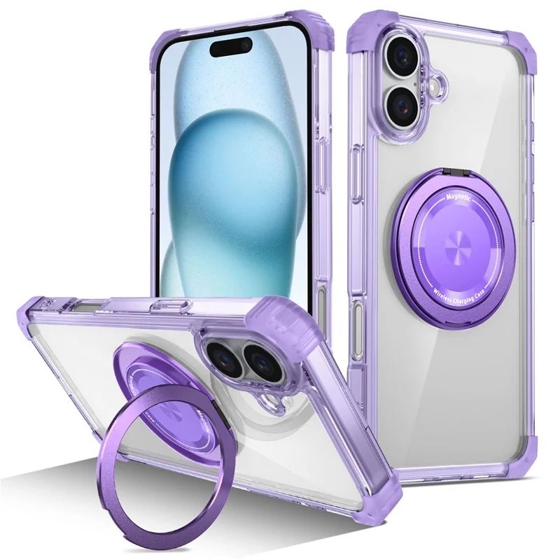 For iPhone 16 Case PC+TPU Phone Cover Rotating Magnetic Ring Holder Kickstand - Transparent Purple