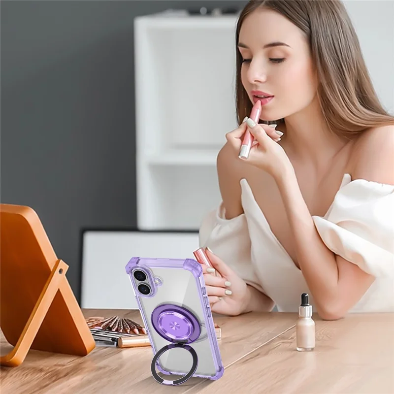 For iPhone 16 Case PC+TPU Phone Cover Rotating Magnetic Ring Holder Kickstand - Transparent Purple