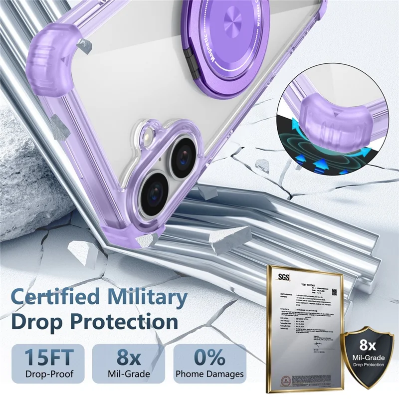 For iPhone 16 Case PC+TPU Phone Cover Rotating Magnetic Ring Holder Kickstand - Transparent Purple