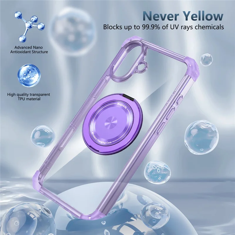 For iPhone 16 Case PC+TPU Phone Cover Rotating Magnetic Ring Holder Kickstand - Transparent Purple