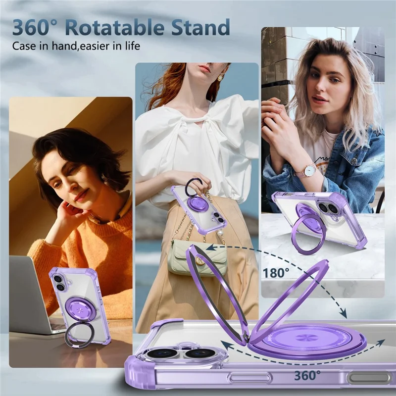 For iPhone 16 Case PC+TPU Phone Cover Rotating Magnetic Ring Holder Kickstand - Transparent Purple