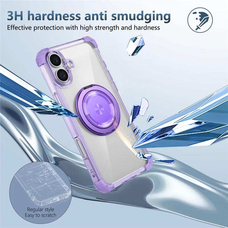 For iPhone 16 Case PC+TPU Phone Cover Rotating Magnetic Ring Holder Kickstand - Transparent Purple