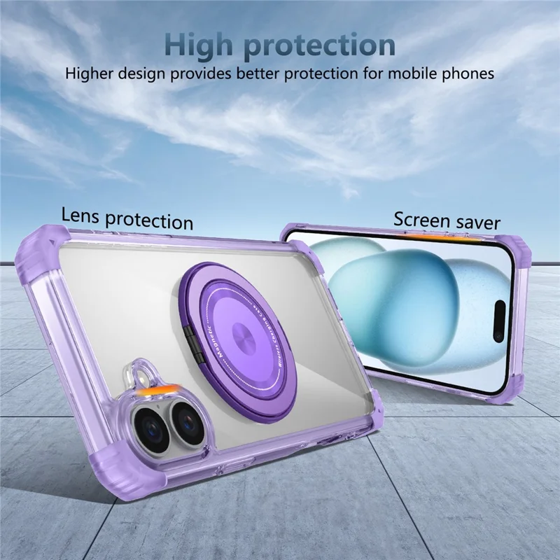 For iPhone 16 Case PC+TPU Phone Cover Rotating Magnetic Ring Holder Kickstand - Transparent Purple