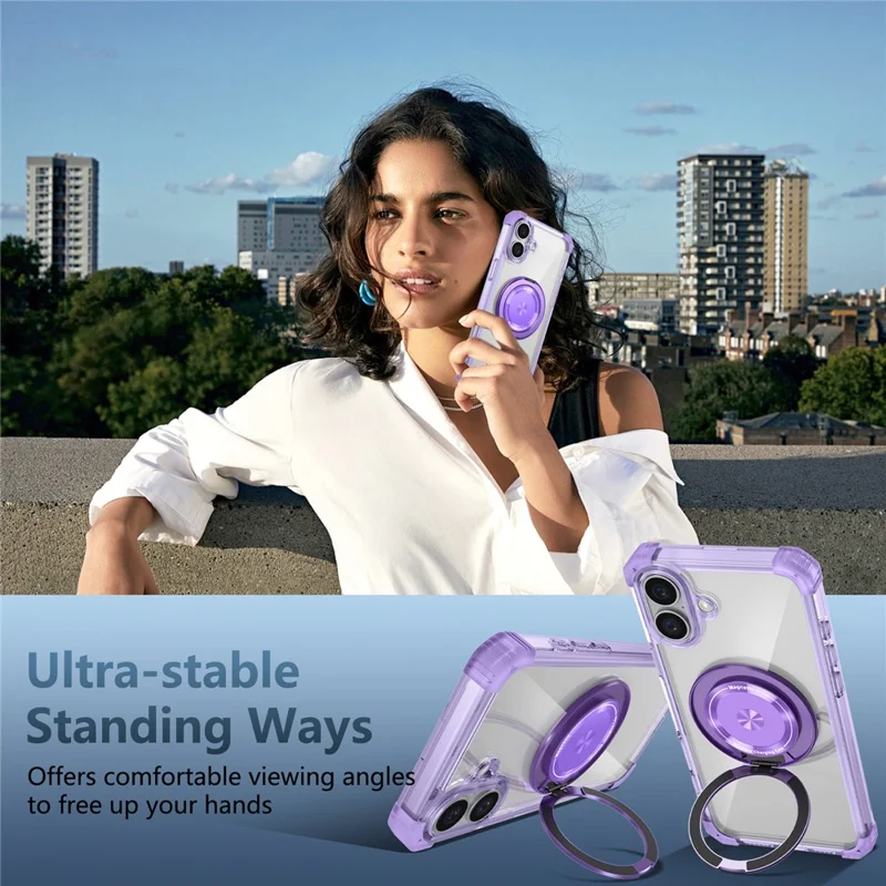 For iPhone 16 Case PC+TPU Phone Cover Rotating Magnetic Ring Holder Kickstand - Transparent Purple