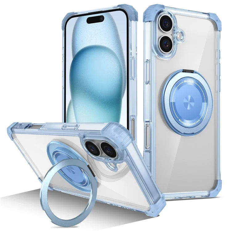 For iPhone 16 Plus Case Compatible with MagSafe Rotating Kickstand PC+TPU Phone Cover Military Shockproof - Transparent Blue