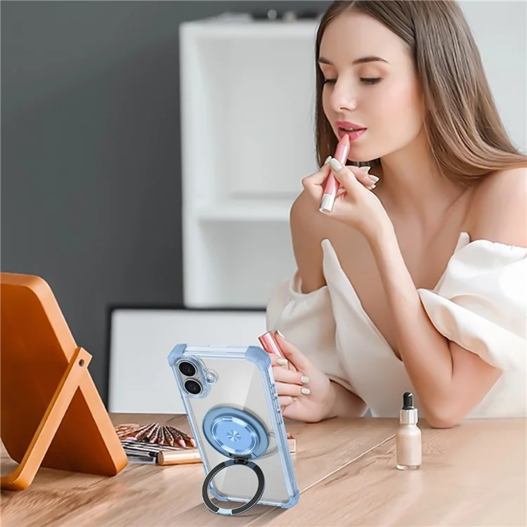 For iPhone 16 Plus Case Compatible with MagSafe Rotating Kickstand PC+TPU Phone Cover Military Shockproof - Transparent Blue