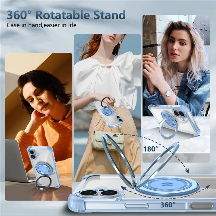 For iPhone 16 Plus Case Compatible with MagSafe Rotating Kickstand PC+TPU Phone Cover Military Shockproof - Transparent Blue