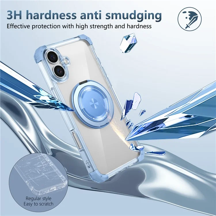 For iPhone 16 Plus Case Compatible with MagSafe Rotating Kickstand PC+TPU Phone Cover Military Shockproof - Transparent Blue
