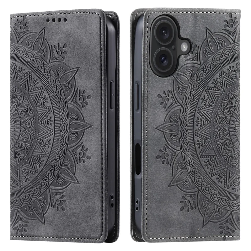 Style-010 Funda Magnética Para iPhone 16 Funda de Teléfono de Cuero con Patrón Grabado - Gris
